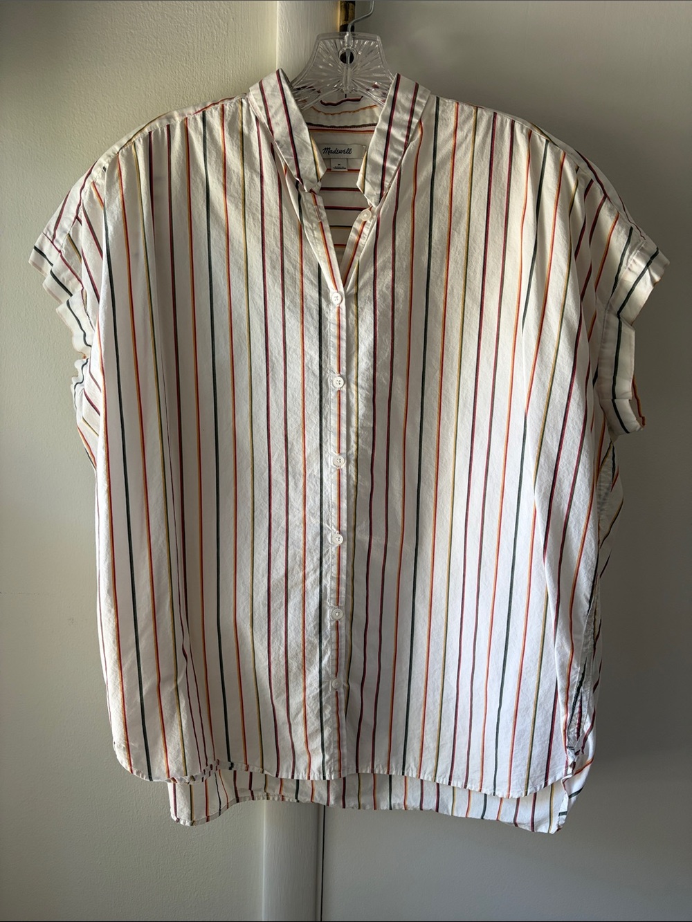 Madewell White Short-Sleeve Button-Down with Red and Green Stripes